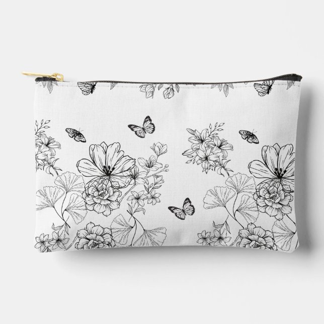 Black and White Floral Pattern Minimalist Modern Accessory Pouch (Front)