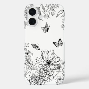 Black and White Floral Pattern Minimalist Modern iPhone 16 Case