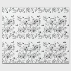 Black and White Floral Pattern Minimalist Modern Wrapping Paper