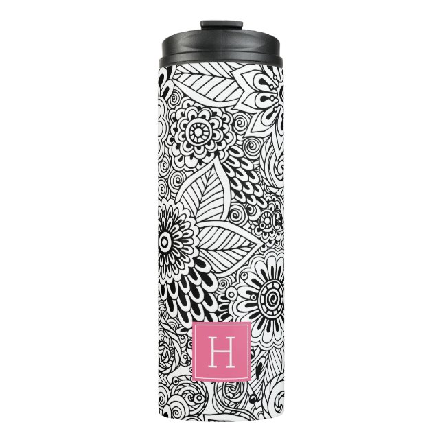 Black and White Floral Pattern Monogrammed Thermal Tumbler (Front)