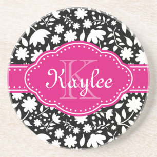 Black and White Floral Pattern Pink Monogram Coaster