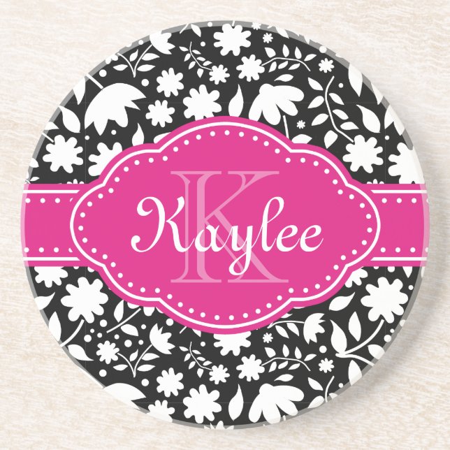 Black and White Floral Pattern Pink Monogram Coaster (Front)