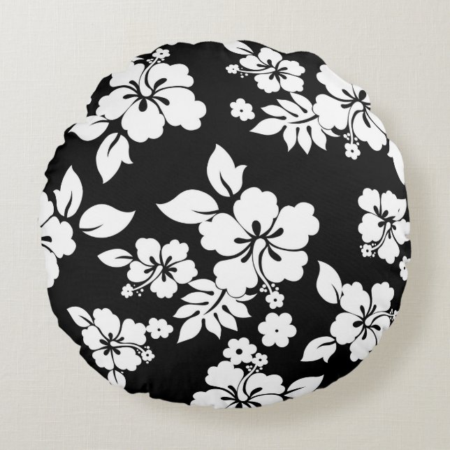 Black and white floral pattern round cushion (Front)