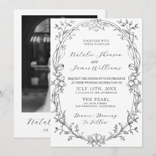 Black And White Floral Photo Old Money Wedding Invitation