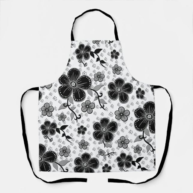 Black and White Floral Print Apron (Front)