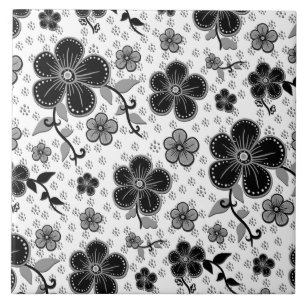 Black and White Floral Print Ceramic Tile