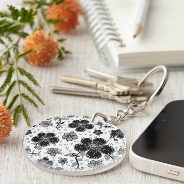 Black and White Floral Print Key Ring (Front Right)