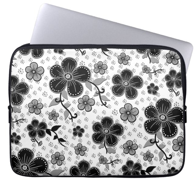 Black and White Floral Print Laptop Sleeve (Front)