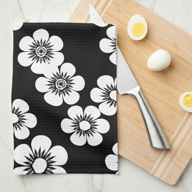 Black and white floral print pattern tea towel (Quarter Fold)