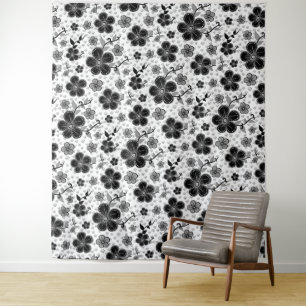 Black and White Floral Print Tapestry