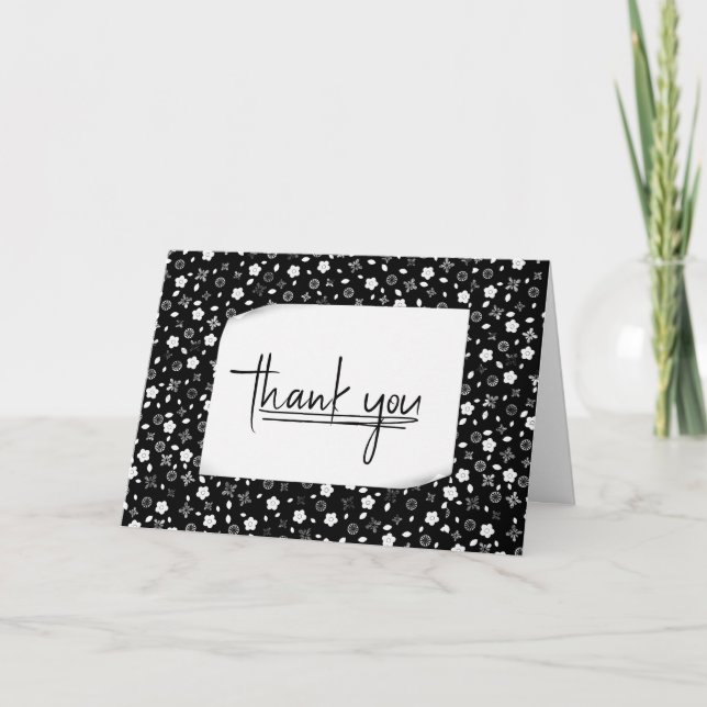 Black and White Floral Print Thank You Card (Front)