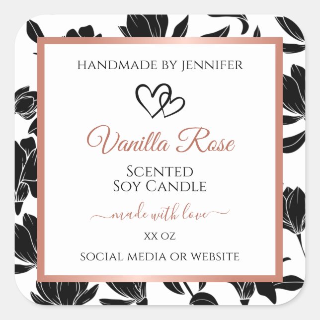 Black and White Floral Product Labels Rose Gold (Front)