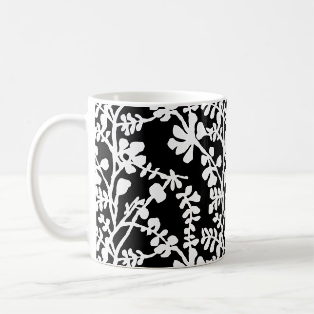 Black And White Floral Repeating Pattern Coffee Mug (Left)