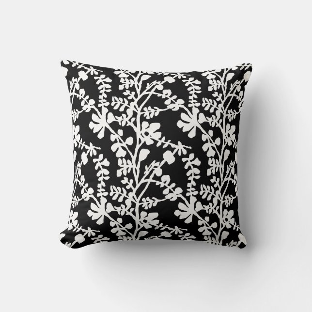 Black And White Floral Repeating Pattern Cushion (Front)