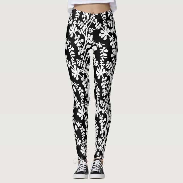 Black And White Floral Repeating Pattern Leggings (Front)
