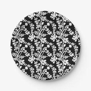 Black And White Floral Repeating Pattern Paper Plate