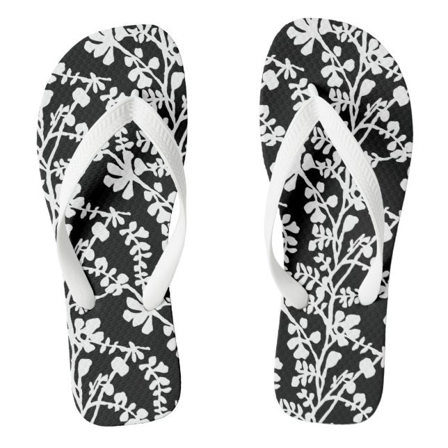 Black And White Floral Repeating Pattern Thongs (Footbed)