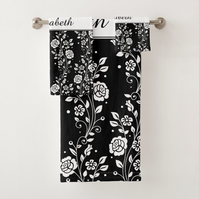 Black And White Floral Rose Pattern Name Print Bath Towel Set (Insitu)
