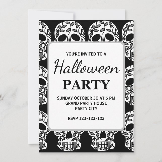 Black and White Floral Skull Halloween Party Invitation (Front)