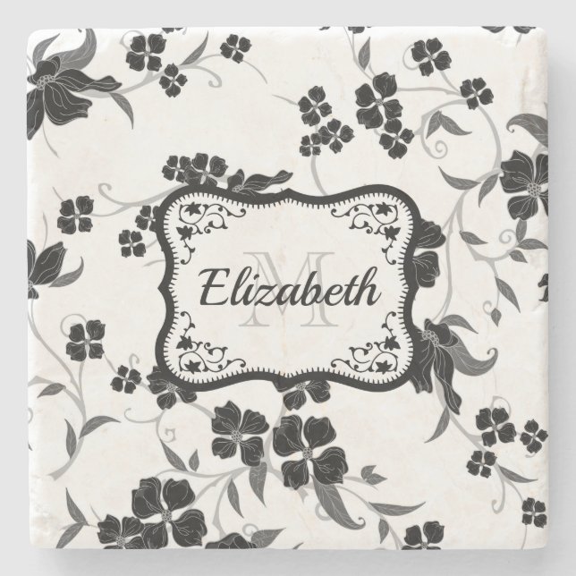 Black and White Floral Stone Coaster (Front)