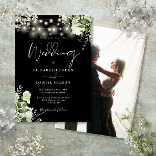 Black And White Floral String Lights Photo Wedding Invitation