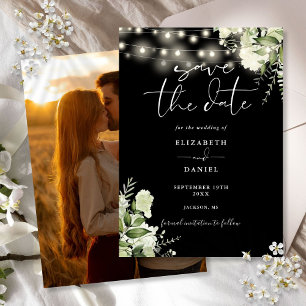Black And White Floral String Lights Photo Wedding Save The Date