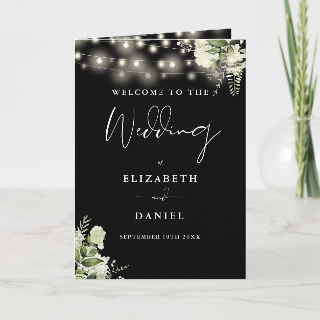 Black And White Floral String Lights Wedding  Program (Front)