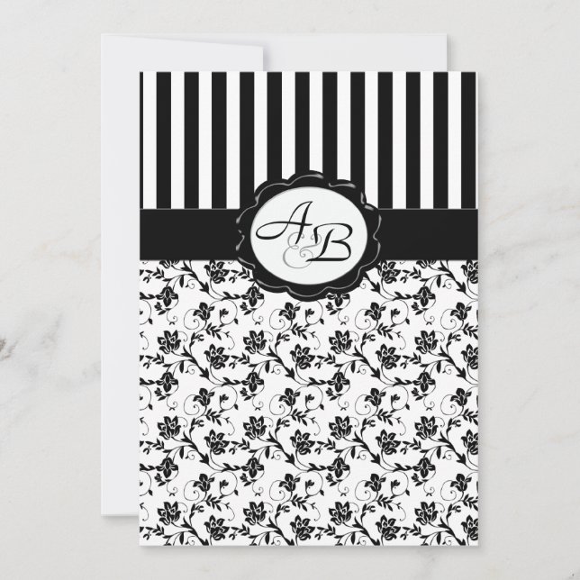 Black and White Floral Stripe Monogram Invitation (Front)