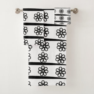 Black and White Floral Stripes Bath Towel Set