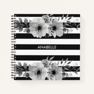 Black and White Floral Stripes Notebook