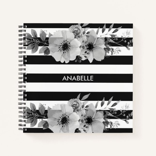 Black and White Floral Stripes Notebook (Front)