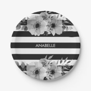 Black and White Floral Stripes Paper Plate