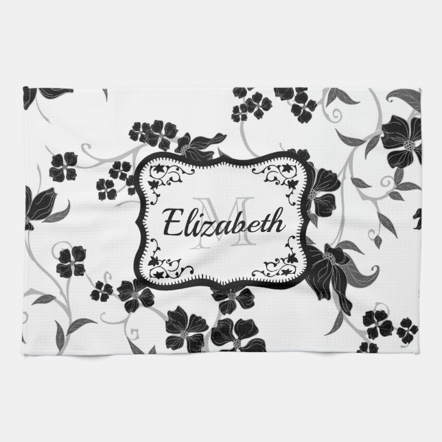 Black and White Floral Tea Towel (Horizontal)
