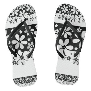 Black and white floral thongs