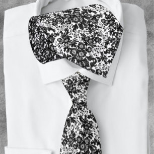 Black and White Floral Tiny Flowers Tie