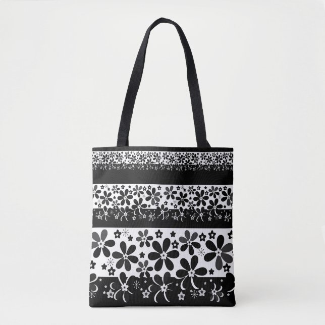 Black and white floral  tote bag (Front)