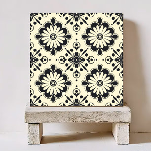 BLACK AND WHITE FLORAL VINTAGE PATTERN CERAMIC TILE
