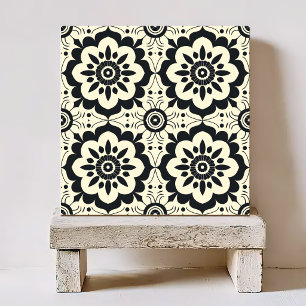 BLACK AND WHITE FLORAL VINTAGE PATTERN CERAMIC TILE