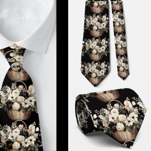 Black and White Floral Watercolor Tie