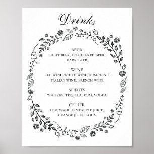 Black and white floral wedding alcohol drinks bar poster