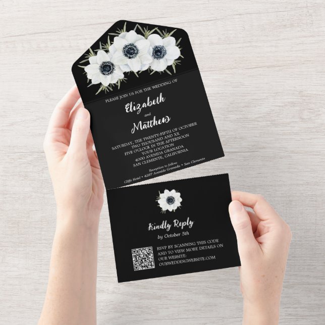 Black and White Floral Wedding All In One Invitation (Tearaway)