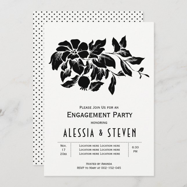 Black and white floral wedding engagement party invitation (Front/Back)