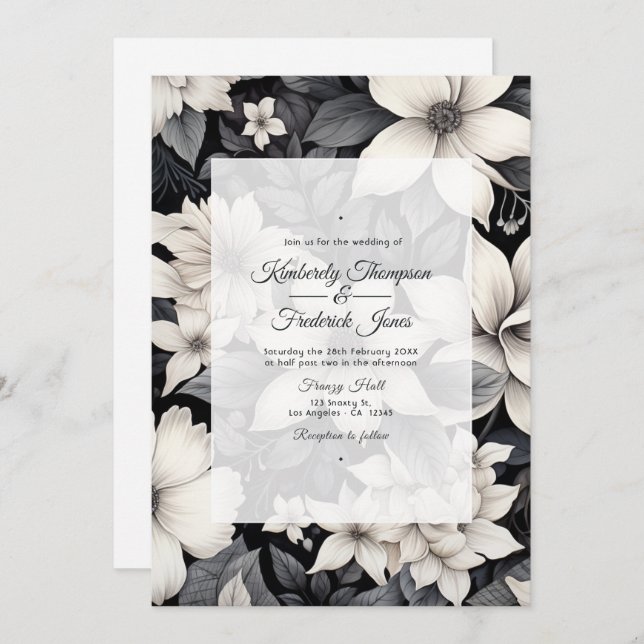 Black and White Floral Wedding Invitation (Front/Back)
