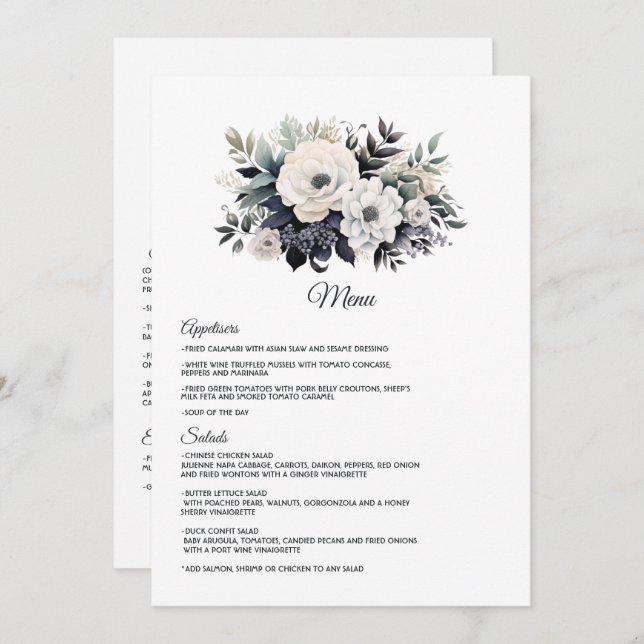 Black and White Floral Wedding Menu (Front/Back)