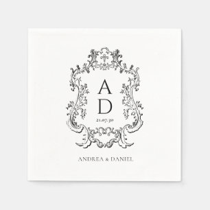 Black and White Floral Wedding Monogram Napkin