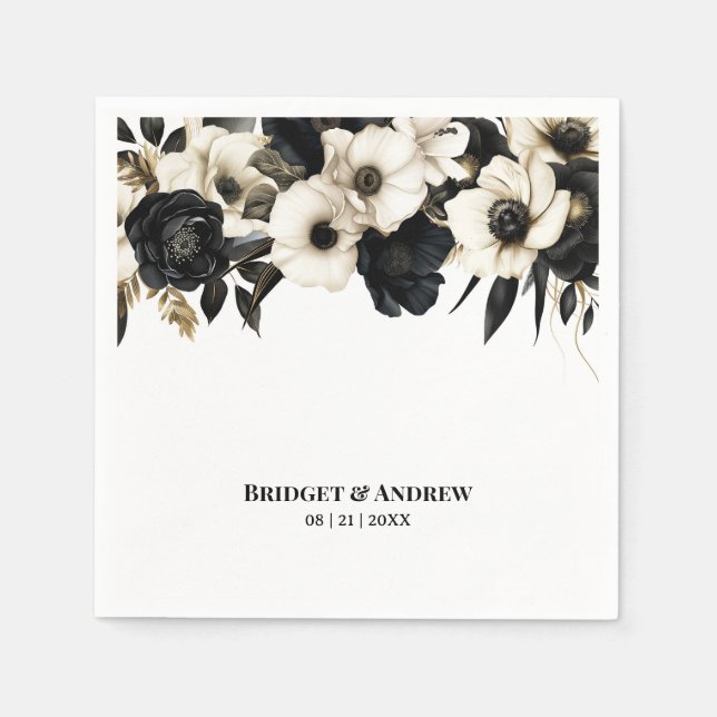 Black and White Floral Wedding Napkin (Front)