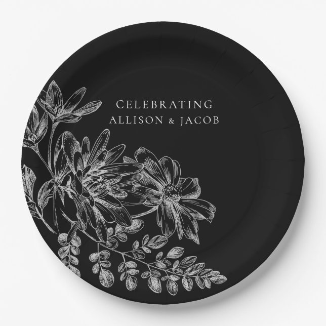 Black and White Floral Wedding  Paper Plate (Front)