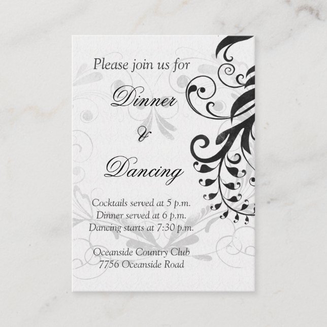 Black and White Floral Wedding Reception Card (Front)