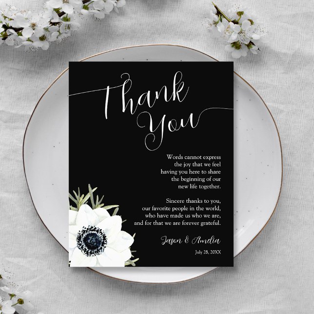 Black and White Floral Wedding Reception Plate Thank You Card (Black and White Floral Wedding Reception Plate Thank You Cards)