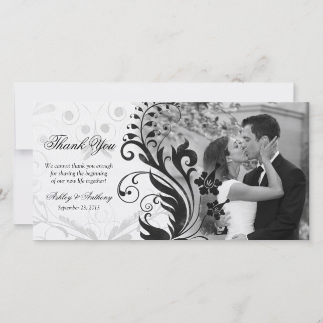 Black and White Floral Wedding Thank You Photocard (Front)